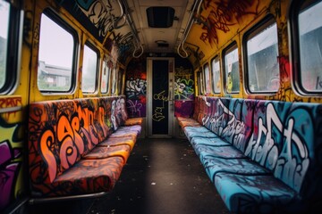 graffiti on the interior of a train carriage