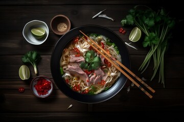 Top view of vietnamese soup pho with beef in bowl. Generative AI. - obrazy, fototapety, plakaty