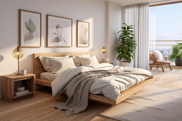 Modern cozy bedroom, minimalistic interior design, pastel colors
