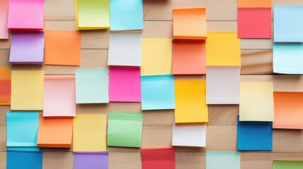 Multicolored paper sticky notes on wooden background.