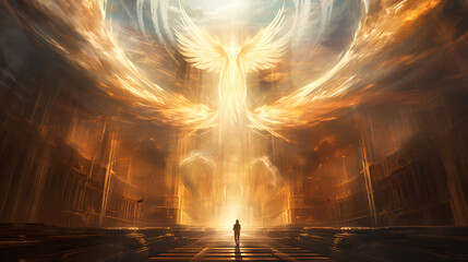 Angel Near Heaven's Gate Glowing Majestically - obrazy, fototapety, plakaty
