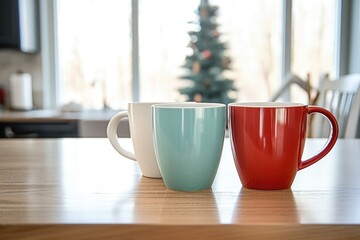 matching coffee mugs separated by a table