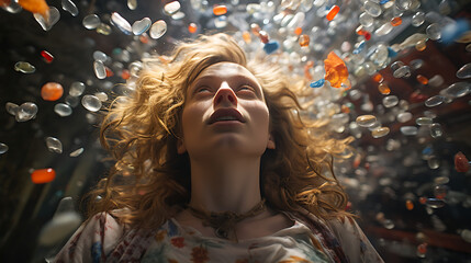 Person with an Overdose of Pills Scattered Before Them - obrazy, fototapety, plakaty