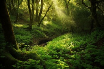 lush woodland illuminated by emerald glow. Generative AI