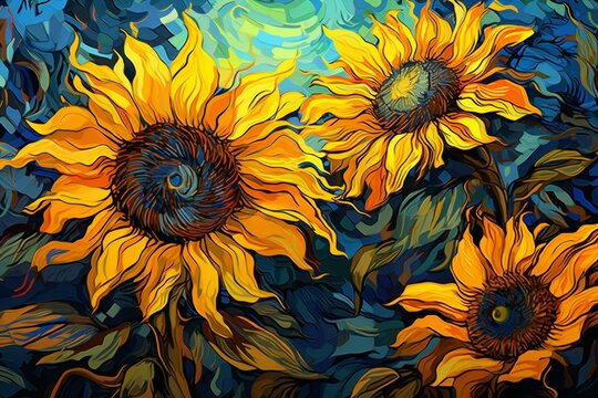 Imitation of Van Gogh's sunflowers with a digital twist, inspired by post-impressionism. Generative AI