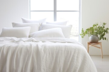 layered white-on-white bedding on a minimalist bed