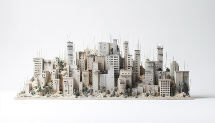 Miniature of a white brutalist island city, skyline, white background,  brutalist architecture. Generative AI