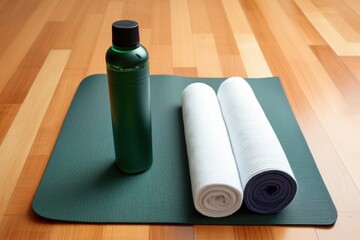 yoga mat laid out with a water bottle and towel - Powered by Adobe