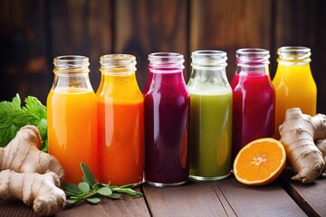 vibrant raw juice drinks in clear glass bottles