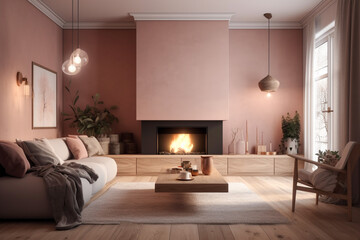 Modern living room interior desing with fireplace. Pastel pink colors