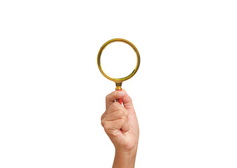 Close-up of hand holding a magnifying glass against a transparent background.