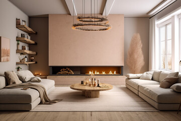 Modern living room interior desing with fireplace. Pastel pink colors