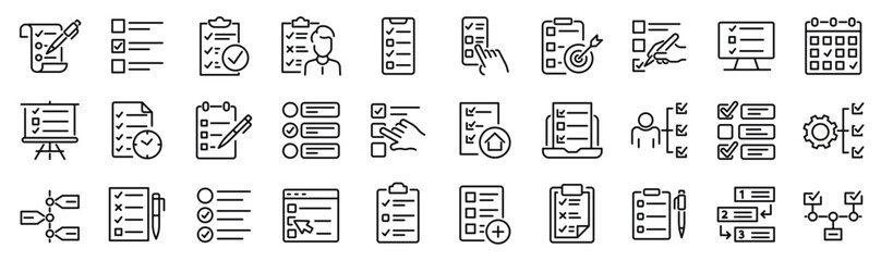Set of 30 outline icons related to checklist, plan, task, to do list. Linear icon collection. Editable stroke. Vector illustration - 660335899