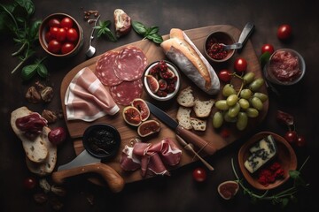 Italian Meat Platter Prosciutto, charcuterie top view, keto snack, generative ai - obrazy, fototapety, plakaty