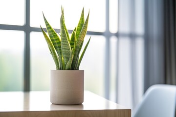 snake plant in modern office setting by the window