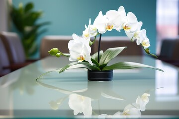 white orchid on glass-top conference table