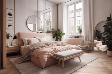 Modern bedroom with cozy bed, minimalistic interior design