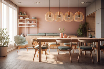 Modern kitchen interior design, pink pastel colors