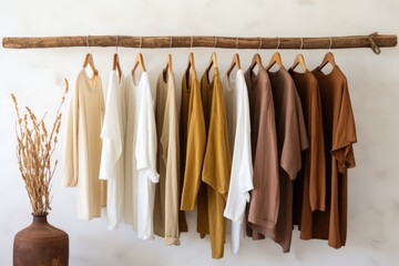 hemp-made clothes arranged on wooden hangers
