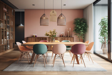 Modern kitchen interior design, pink pastel colors