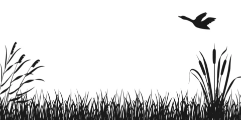 Rolgordijnen Silhouette of grass with reeds and flying duck. Wetlands vector illustration. Dark background on theme of hunting © JuliaBliznyakova