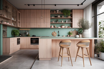 Modern kitchen interior design, pink pastel colors
