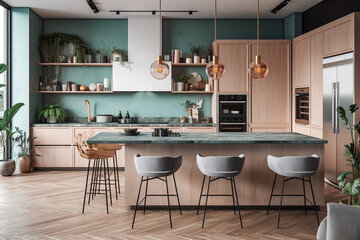 Fototapeta na wymiar Modern kitchen interior design, pink pastel colors