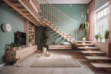 Modern living room interior design with stairs, pink pastel colors