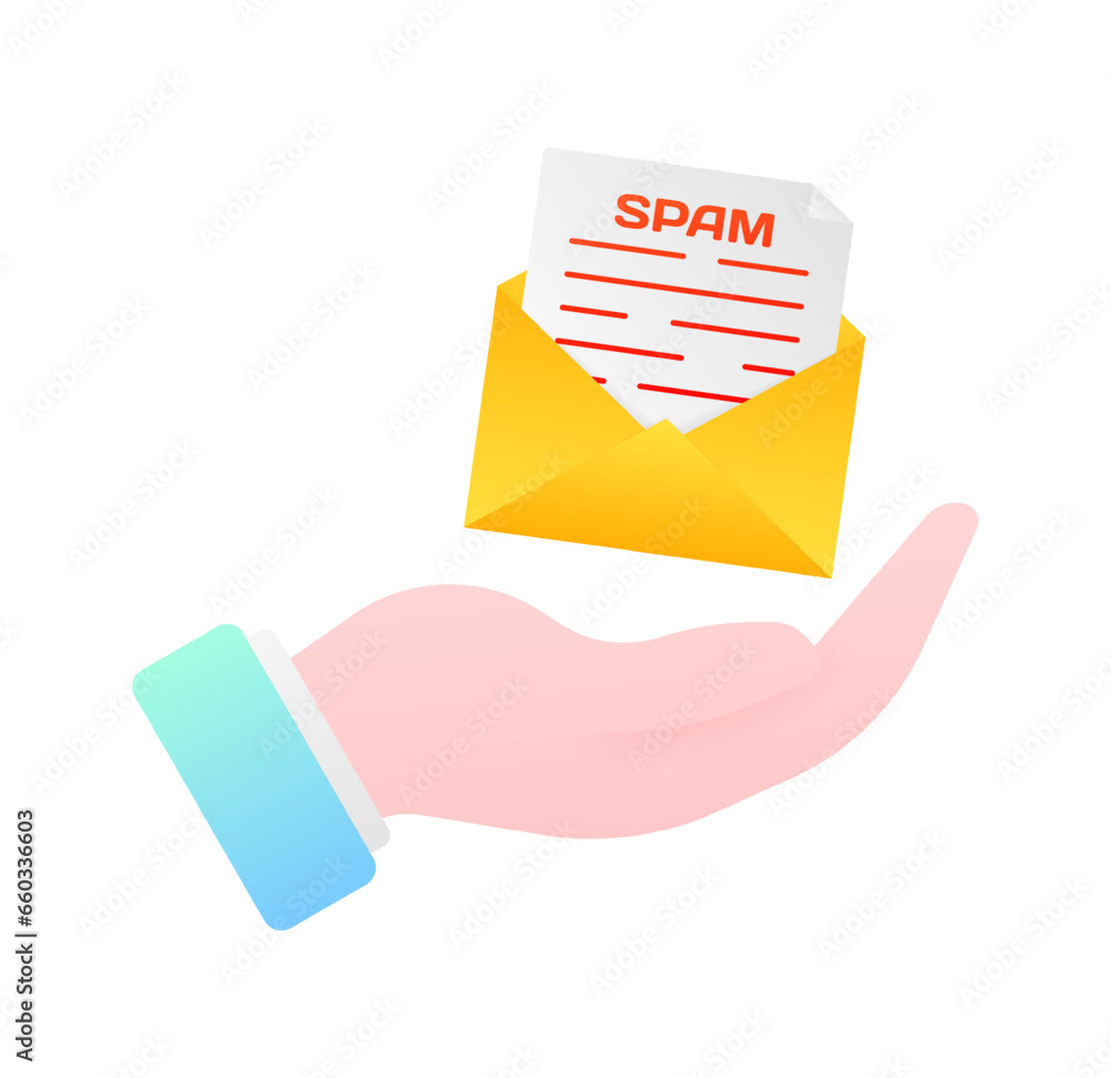 Poster spam message in hand. flat, color, spam message in an envelope, envelope in hand, spam in an envelop