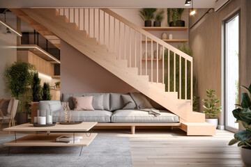 Modern living room interior design with stairs, pink pastel colors