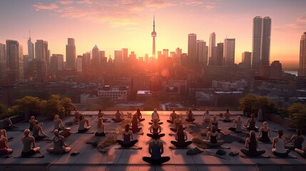 A rooftop yoga class in the heart of the city ultra realistic illustration - Generative AI.