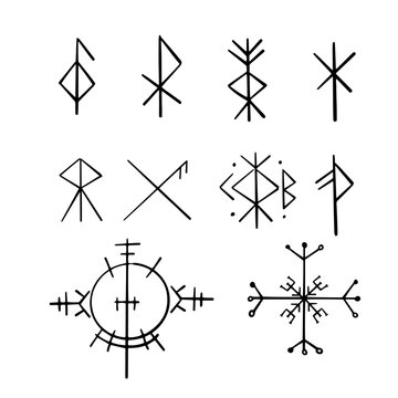 Nordic celtic runes, set norse protection symbols in doodle style, amulet, witchcraft signs on white background.
