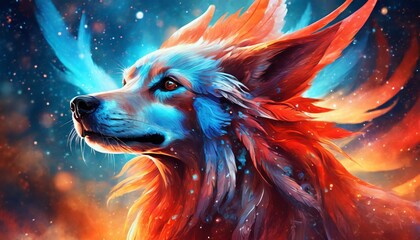 close up of mystic dog like a phoenix red and blue colors digital Generative AI