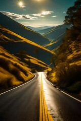 The road curves up the mountain, yellow and white lines guiding the way. Amidst the ascent, nature's beauty unfolds. A tapestry of colors blankets the scene as wildflowers and trees paint the landscap