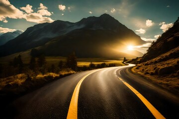 The road curves up the mountain, yellow and white lines guiding the way. Amidst the ascent, nature's beauty unfolds. A tapestry of colors blankets the scene as wildflowers and trees paint the landscap