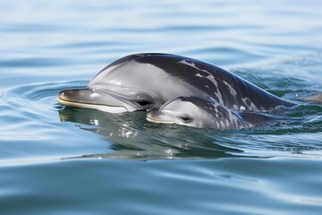 a dolphin nudging its calf to swim