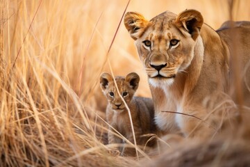 lioness protecting cubs in the savanna - obrazy, fototapety, plakaty