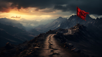 Mountain Path Leading to a Flag at the Peak