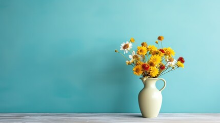 Wooden table with vase with bouquet of flowers near empty, blank blue wall. Home interior background with copy space