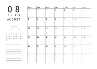 Monthly page Calendar Planner Templates of August 2024 with note. Vector layout of simple calendar with week start Monday for print. Page for size A4 or 21x29.7 cm