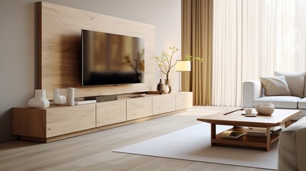 Wooden tv unit in spacious room. Scandinavian home interior design of modern living room