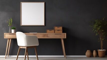 Workplace with white chair at wooden drawer writing desk against of window near dark grey wall Interior design of modern scandinavian home office