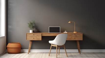 Workplace with white chair at wooden drawer writing desk against of window near dark grey wall Interior design of modern scandinavian home office