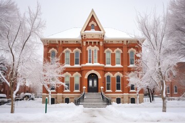 tall brick courthouse covered in winter snow