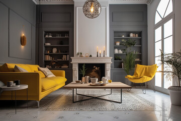 Modern living room with fireplace, yellow and grey colors