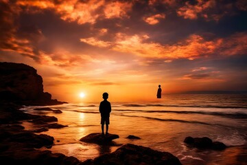 The silhouette of a young boy stands in a posture of prayer and adoration against the backdrop of a breathtaking sunset over the sea. The golden hues of the sun's descent cast a warm glow on the water