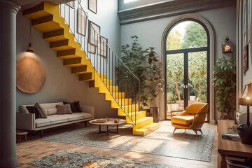 Modern living room interior design with stairs, yellow and grey colors