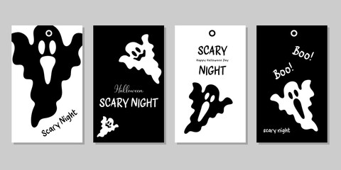 Halloween gift tags with ghost on black and white background.