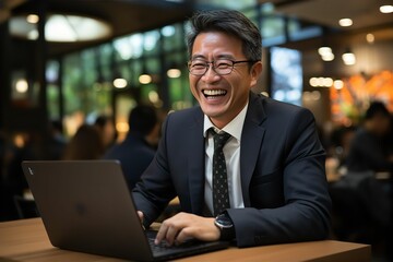 Fototapeta premium パソコンに向かって笑う日本人の男性ビジネスマンのポートレート写真（サラリーマン・スーツ・若手）