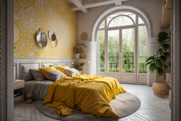 Modern bedroom with cozy bed, luxury interior design